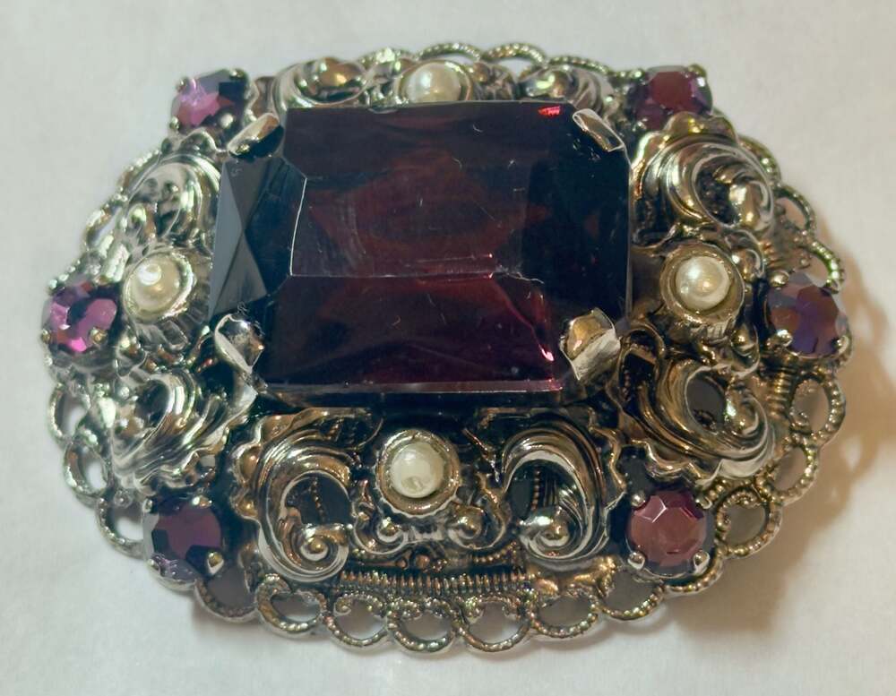 Vtg German Filigree Brooch / Large Purple Glass Stone Faux Pearls 2 x 1.5"